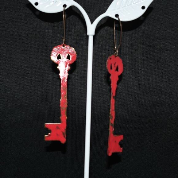 Vintage Red Enamel Key Earrings, Rustic Artisan Long Ear Wire Earrings, 3 1/2" - Picture 2 of 10